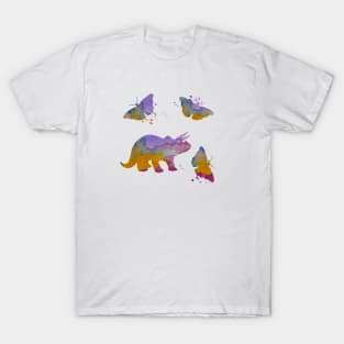 Triceratops Dinosaur Art With Butterflies T-Shirt